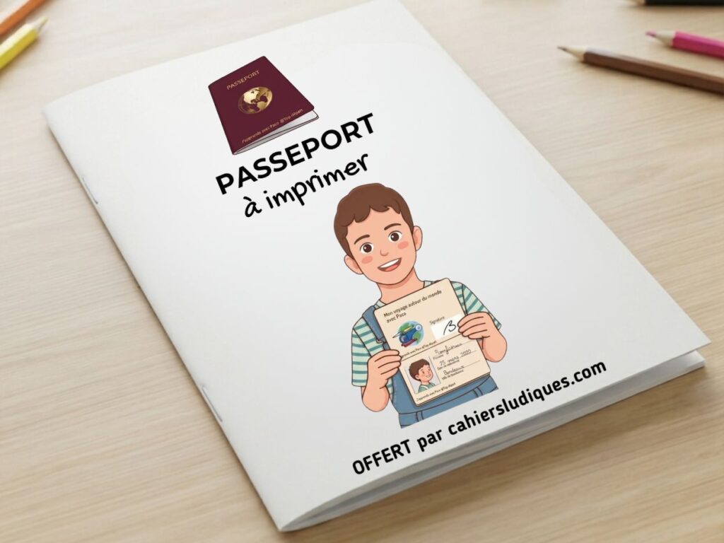 Illustration d'un enfant tenant un passeport à imprimer pour un voyage autour du monde, offert par Cahiers Ludiques.