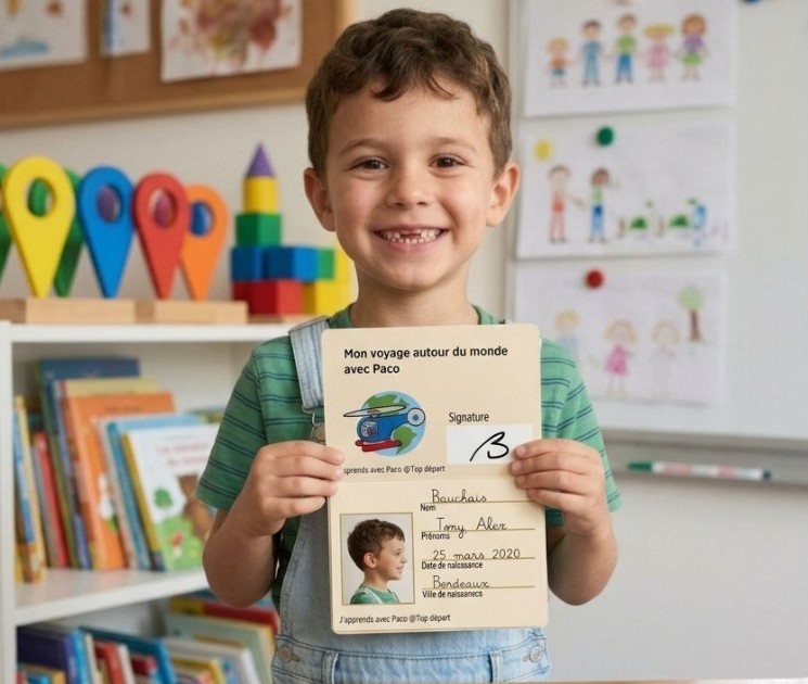 Enfant souriant tenant son passeport pédagogique gratuit à imprimer de la collection J'apprends avec Paco