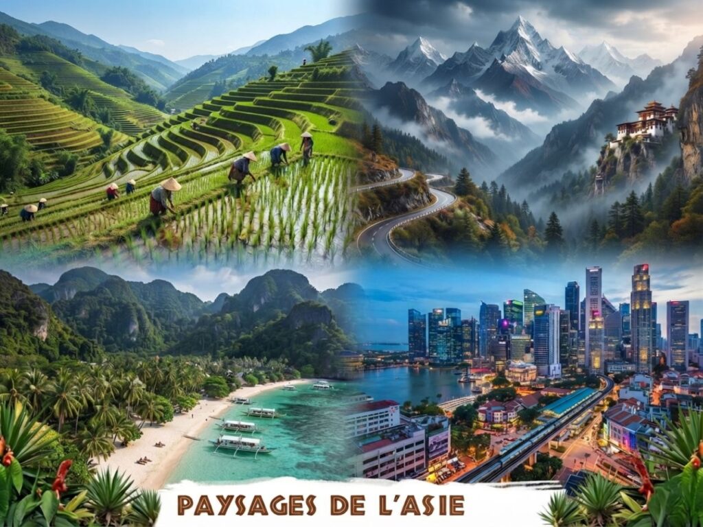 Montage photos de rizières, villes modernes et montagnes en Asie
