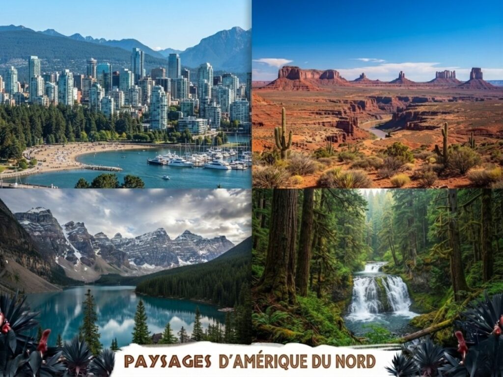 Collage montrant la diversité des paysages nord-américains : ville, désert, montagnes et chutes d'eau.