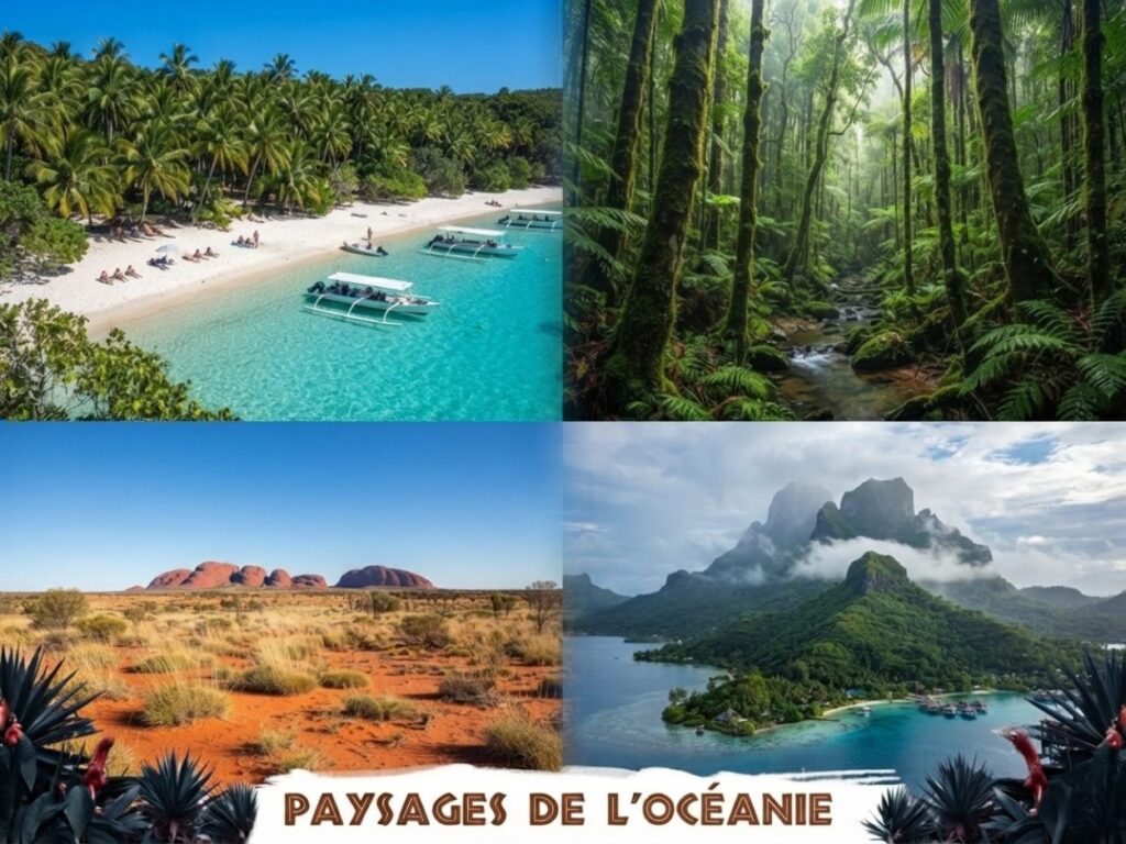 Collage présentant quatre paysages variés d'Océanie, incluant des plages paradisiaques, des forêts tropicales et le désert australien.