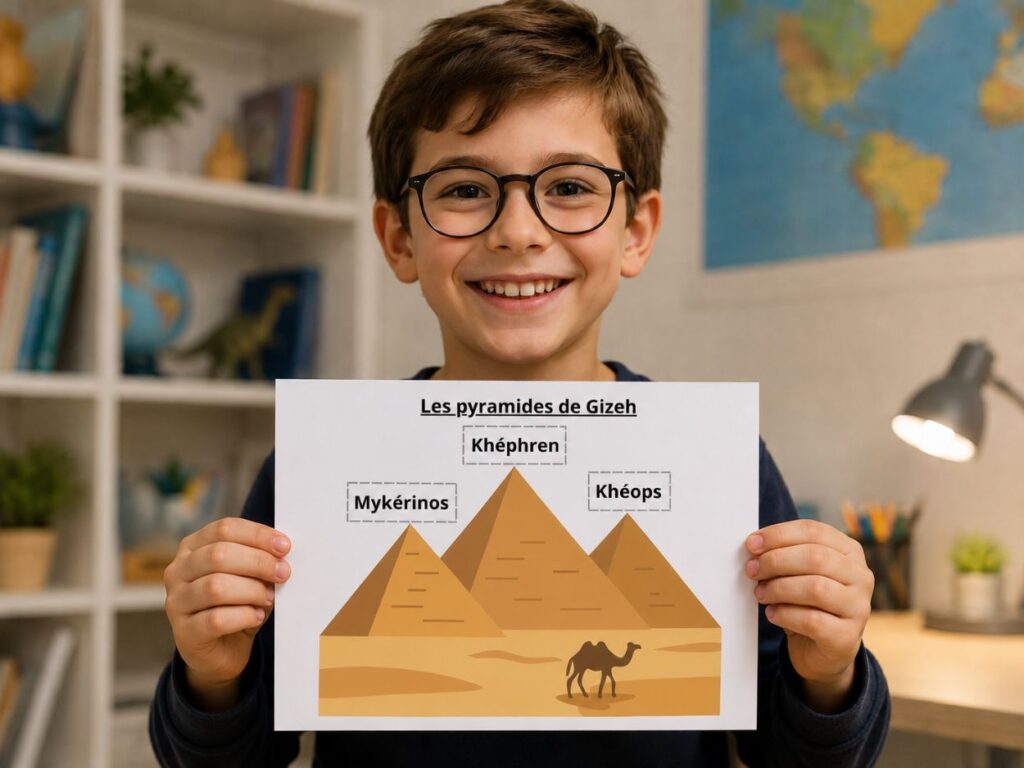 Petit garçon souriant avec des lunettes tenant une fiche d'activités sur les pyramides de Gizeh à imprimer pour apprendre l'Égypte en s'amusant.