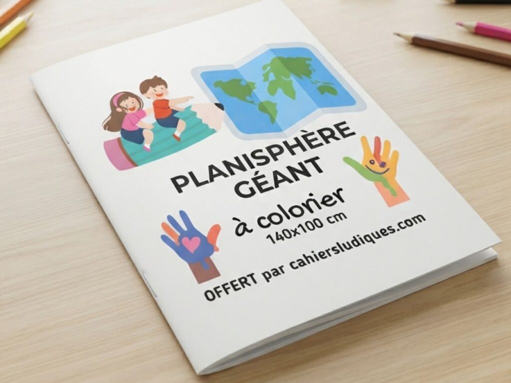 Planisphère géant à colorier (140x100 cm) pour enfant avec illustration ludique, offert par Cahiers Ludiques.