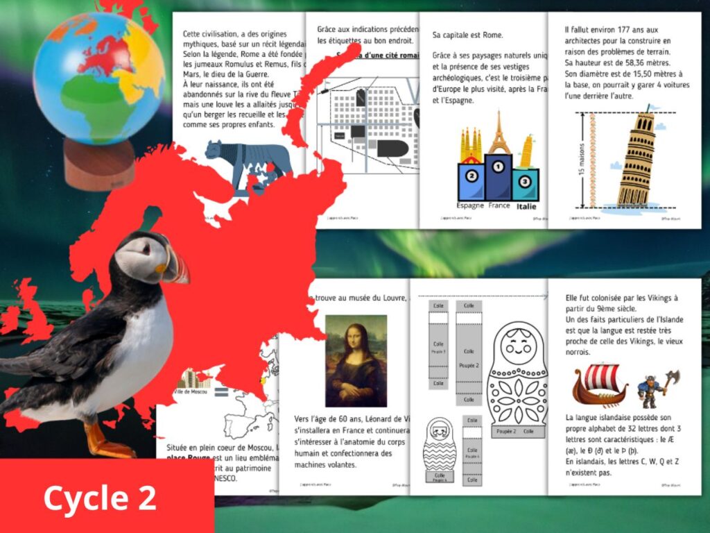 Support éducatif avec un macareux, un globe et des fiches documentaires.