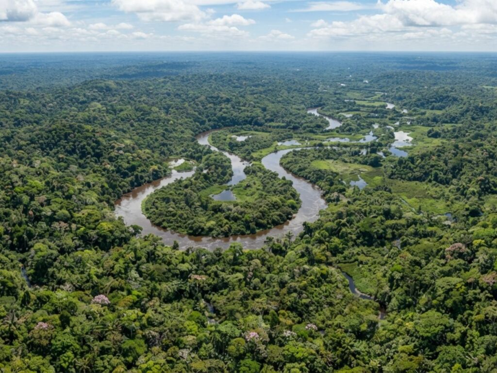 Vue aérienne spectaculaire d'un fleuve méandreux au cœur de la forêt tropicale.