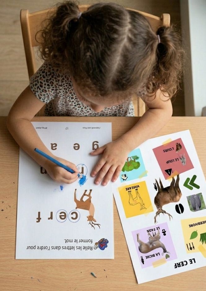 Petite fille réalisant une activité du dossier pédagogique Les animaux de la forêt.