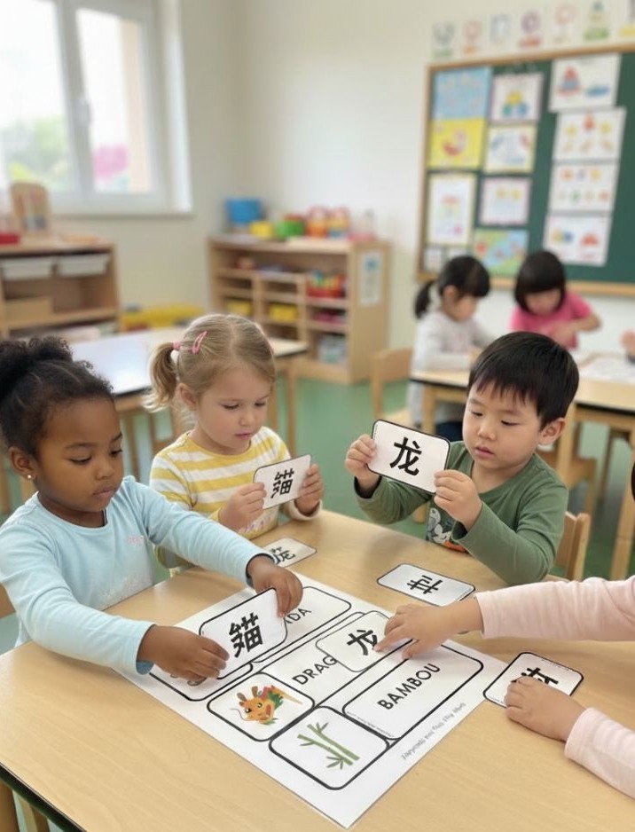 Enfants jouant avec des étiquettes de mots en chinois lors d'une activité pédagogique sur la Chine.