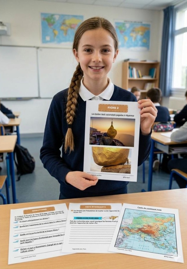Élève présentant une fiche du projet pédagogique Les 5 Continents avec Paco en classe.