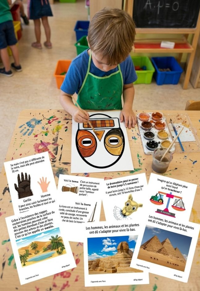 Enfant réalisant une activité sur l'Afrique avec les cartes pédagogiques du Pack Tour du Monde de Cahiers Ludiques.