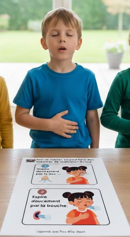 Enfant réalisant un exercice de respiration avec une fiche pédagogique du dossier Les Émotions avec Paco.