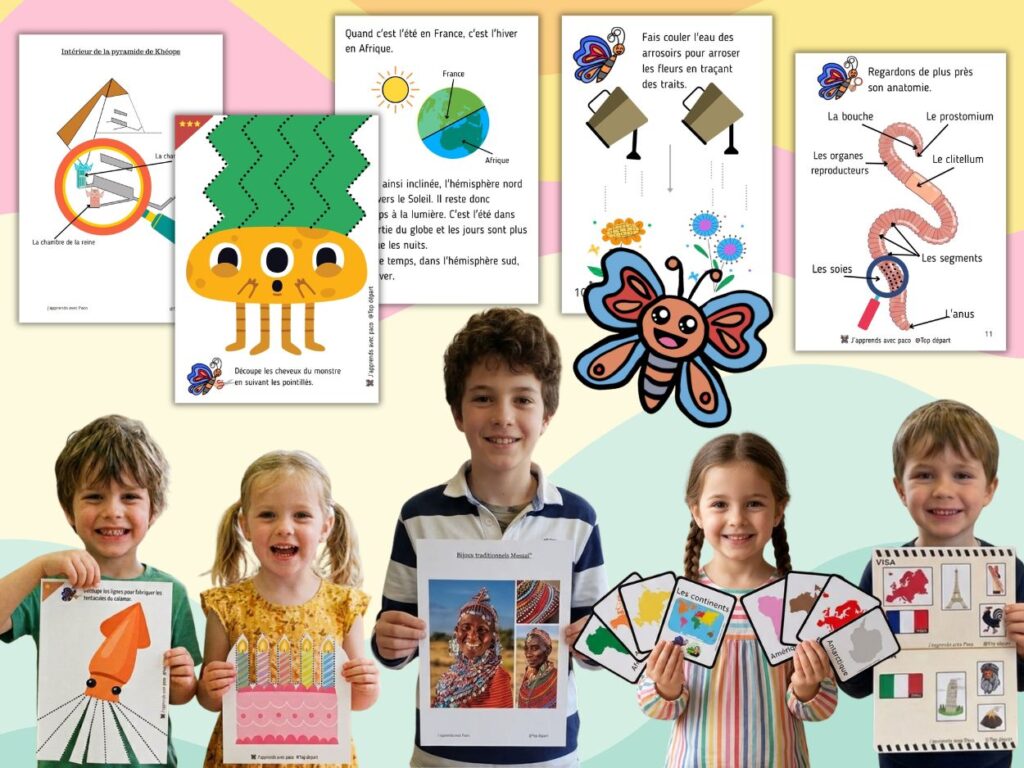 Des enfants découvrent des activités pédagogiques ludiques avec les ressources éducatives de Cahiers Ludiques et le personnage Paco.