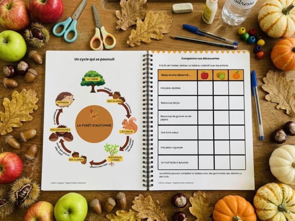 Programmation d'automne en maternelle avec activités sur le chêne, l'écureuil, le hérisson, les châtaignes, la pomme, le kiwi et l'orange