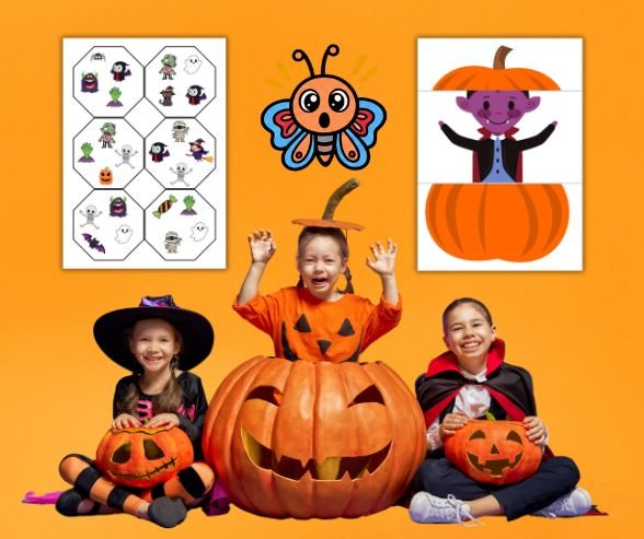 enfants avec des citrouilles prêts pour réaliser le défi Halloween organisé par cahiers ludiques