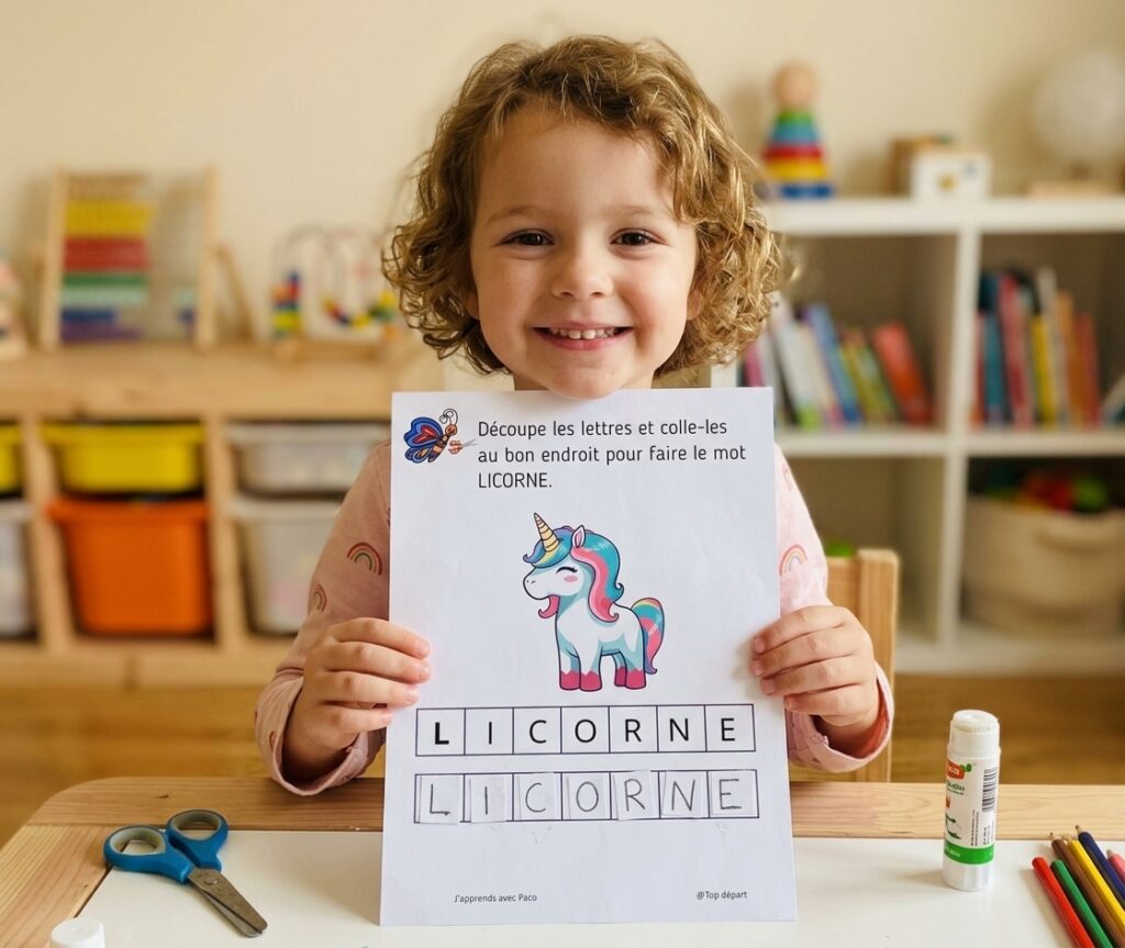 Petite fille souriante montrant fièrement sa fiche d'activité terminée : elle a reconstitué le mot 'LICORNE' en découpant et collant les lettres sous l'illustration d'une licorne colorée.