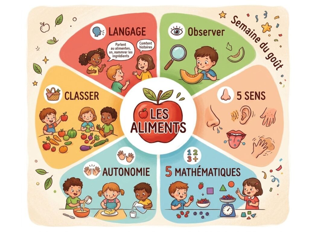 Schéma pédagogique montrant les apprentissages autour des aliments : langage, observation, 5 sens, mathématiques, autonomie, catégorisation.