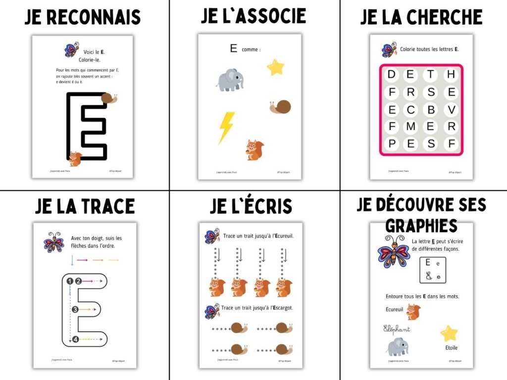 Grille de 6 fiches d'activités pédagogiques pour apprendre la lettre E : reconnaissance, association mot-image, recherche visuelle, tracé du doigt, écriture et graphies.