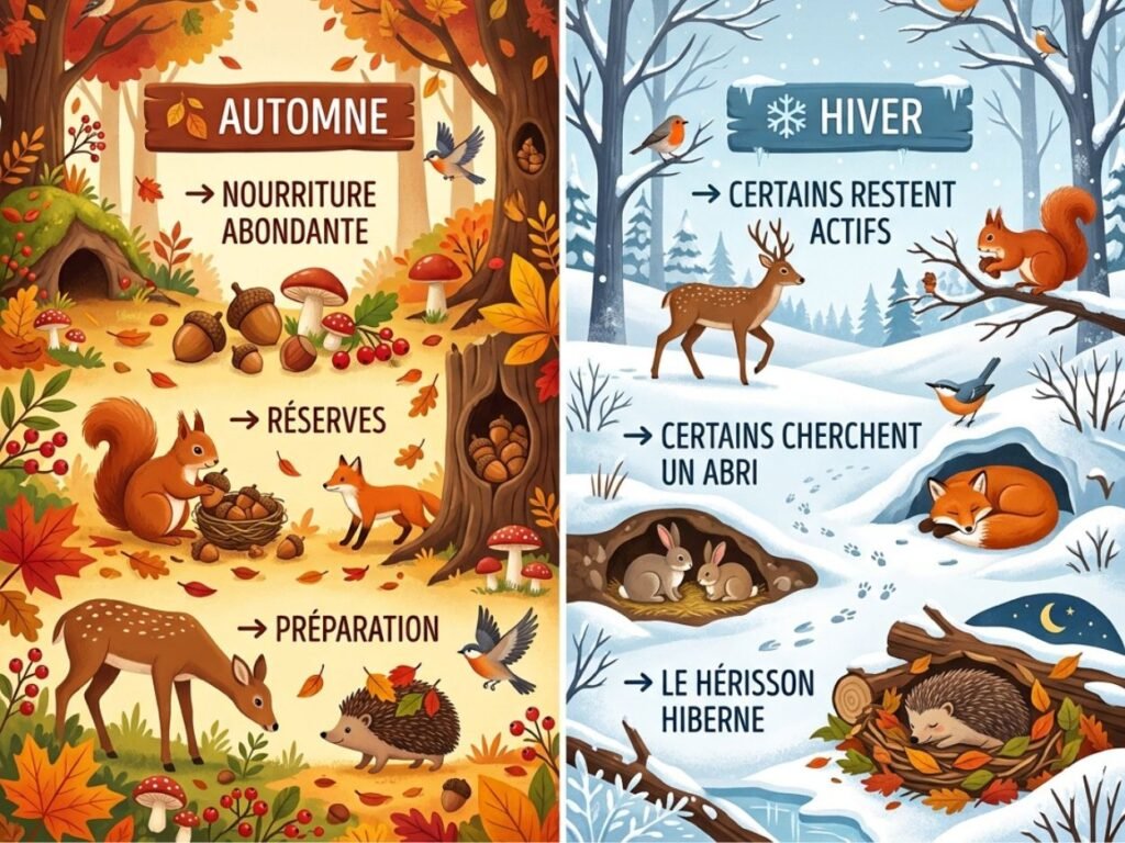 Infographie comparant le comportement des animaux de la forêt entre l'automne et l'hiver : hibernation du hérisson et réserves de l'écureuil.