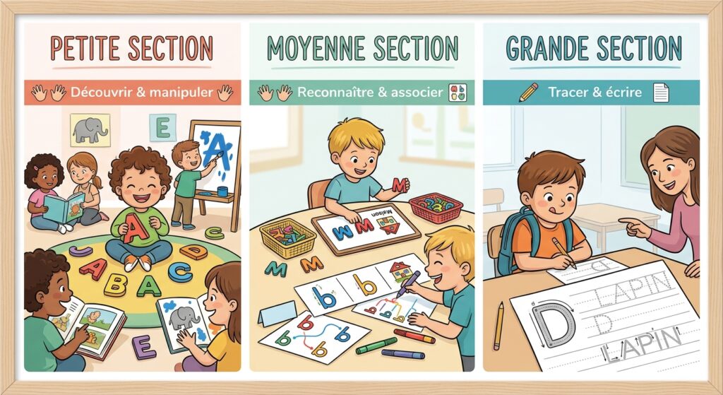 Infographie éducative en trois colonnes montrant l'évolution de l'apprentissage de l'alphabet : Petite Section (découvrir et manipuler), Moyenne Section (reconnaître et associer), et Grande Section (tracer et écrire) avec des enfants en train de jouer, d'étudier et d'écrire le mot 'LAPIN'.