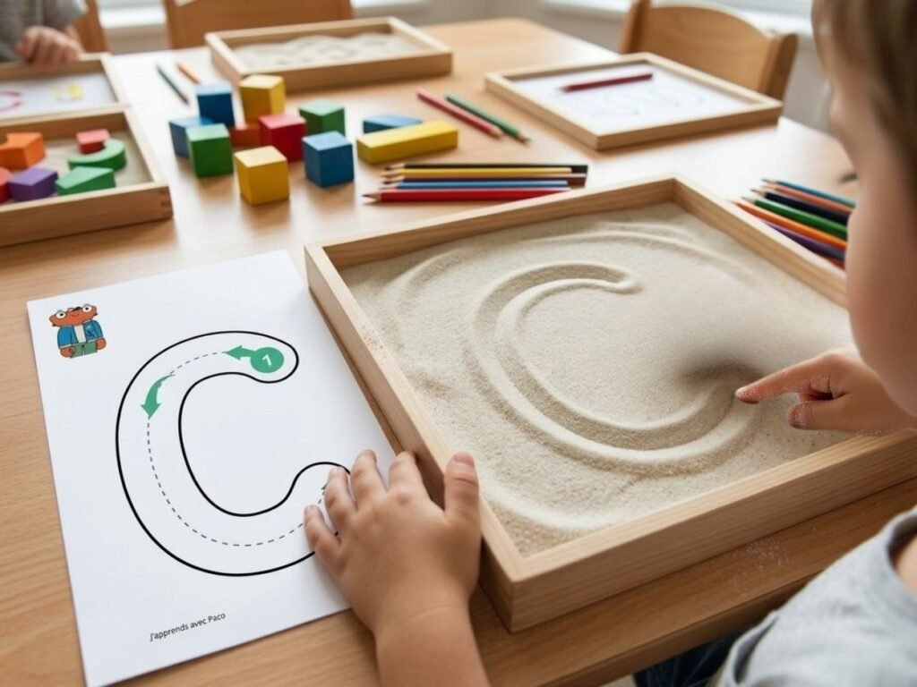 Enfant traçant la lettre C avec son doigt dans du sable fin à côté d'une fiche modèle guidée pour apprendre le geste d'écriture.