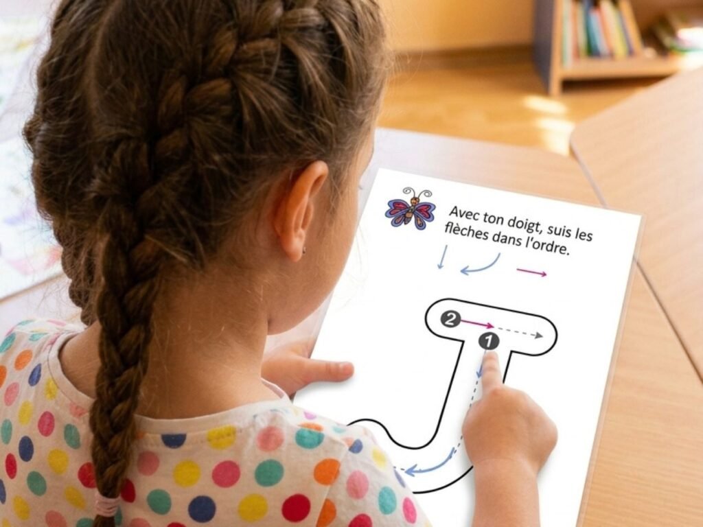 Fillette de dos suivant du doigt le tracé de la lettre J sur une fiche d'apprentissage éducative.