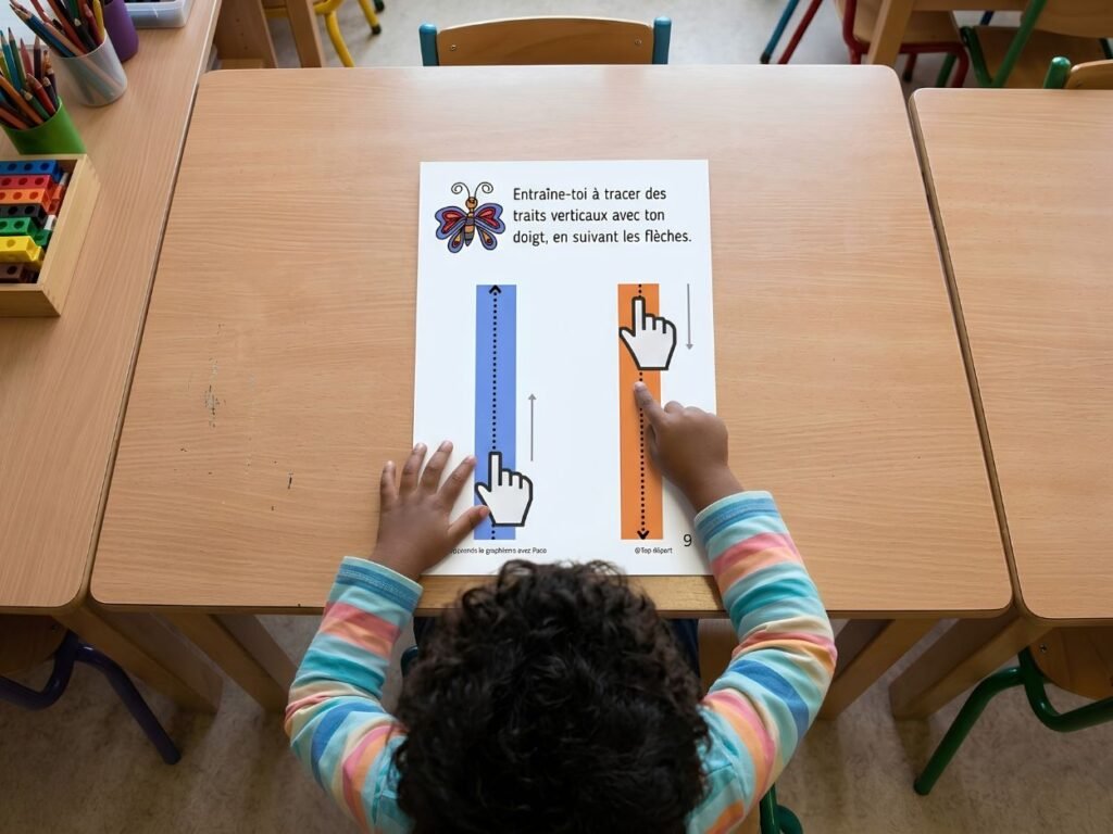Vue du dessus d'un enfant suivant du doigt des flèches d'orientation pour tracer des traits verticaux sur une fiche guidée Paco.