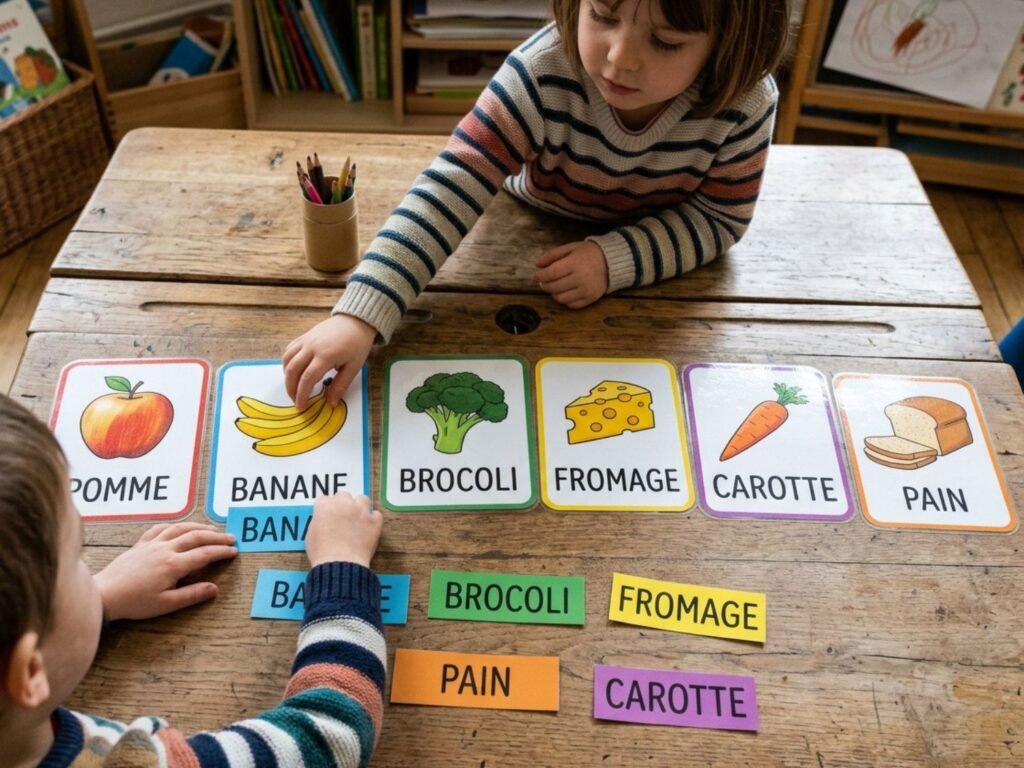 Enfant manipulant des étiquettes de mots colorées sous des cartes illustrées d'aliments comme la banane, la pomme, le brocoli et le fromage.