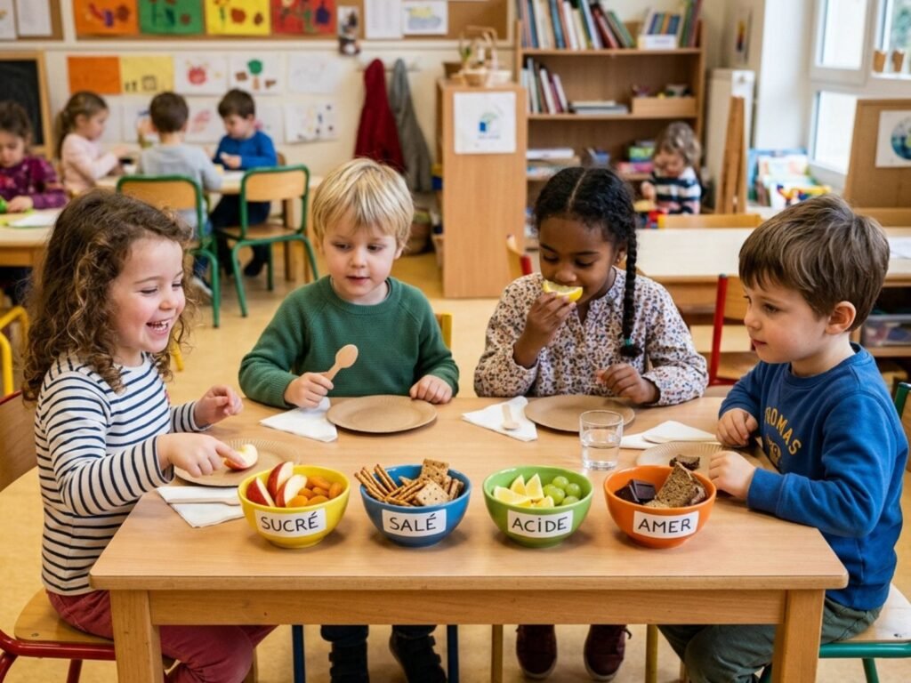 Écoliers de maternelle assis autour d'une table avec quatre bols étiquetés Sucré, Salé, Acide et Amer pour un atelier dégustation.