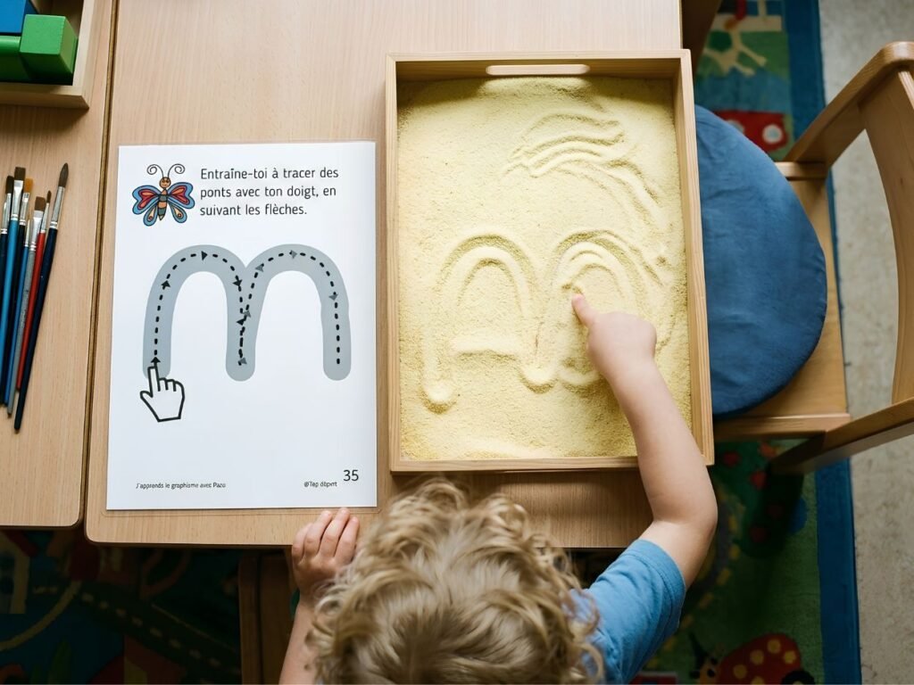 Enfant de maternelle reproduisant un motif de pont dans un bac de semoule à côté d'une fiche modèle de graphisme.