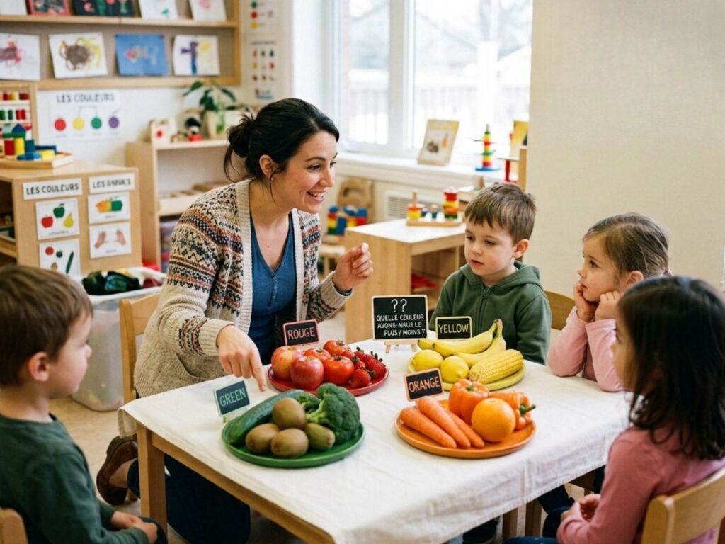 Enseignante guidant un groupe d'enfants pour associer des aliments à des étiquettes de couleurs Rouge, Jaune, Orange et Vert.
