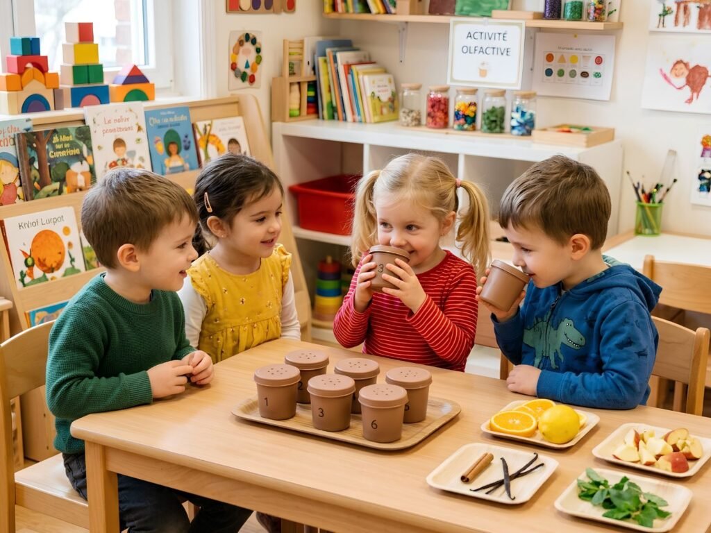 Quatre enfants de maternelle assis autour d'une table sentant des petits pots opaques numérotés lors d'une activité olfactive.