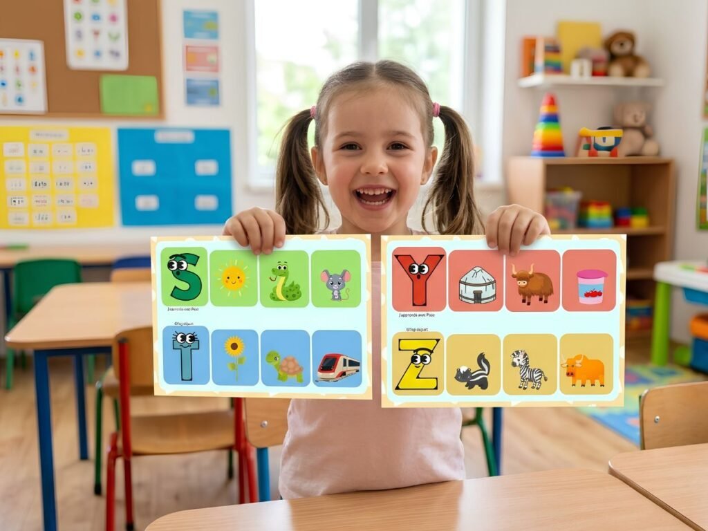 Petite fille souriante en classe montrant deux planches d'atelier de phonologie avec les lettres S, T, Y et Z de la méthode J'apprends avec Paco.