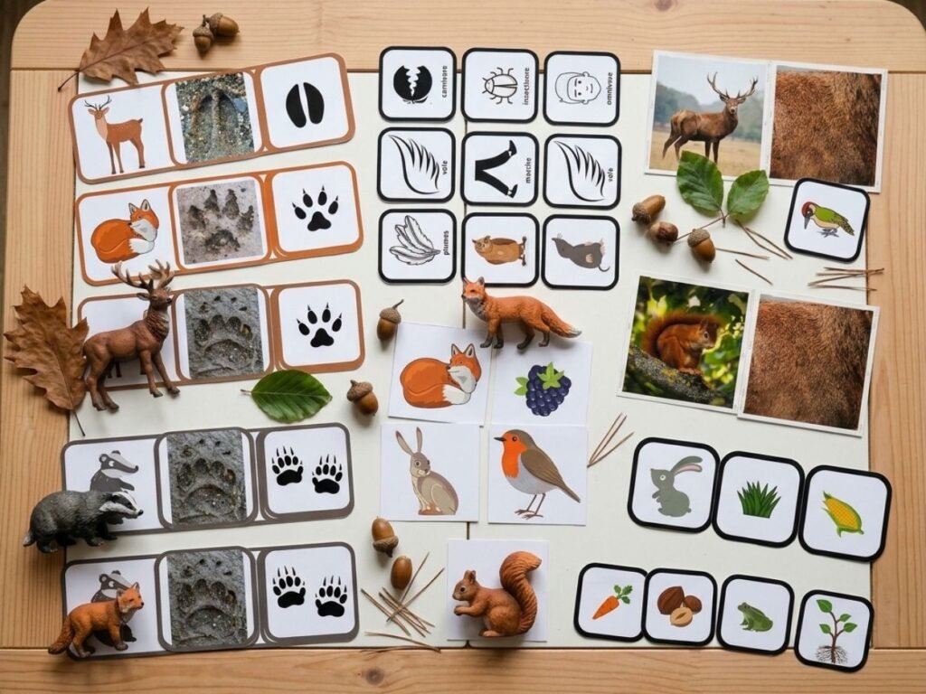 Table de travail avec cartes d'association sur les empreintes d'animaux, piques de hérisson, glands et figurines en plastique.