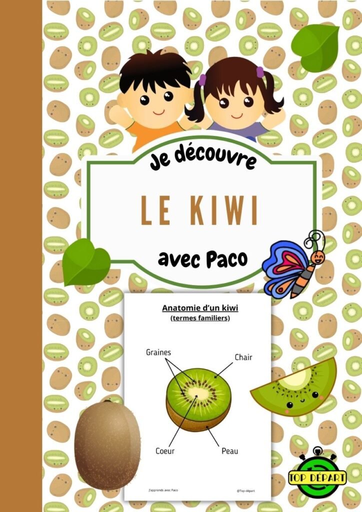 Couverture du dossier pédagogique « Je découvre le kiwi avec Paco » avec un schéma de l'anatomie du kiwi.