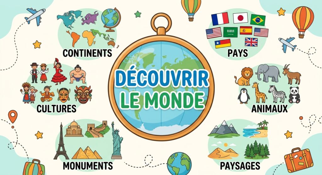 Schéma illustré montrant les 6 thématiques pour découvrir le monde avec les enfants : continents, pays, animaux, paysages, monuments et cultures.