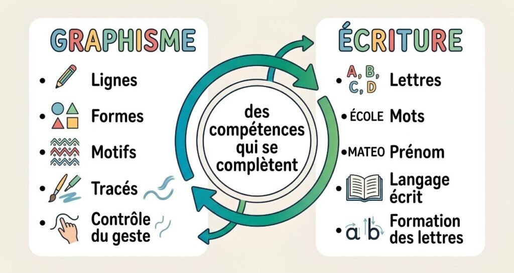 Infographie comparative à deux colonnes montrant la complémentarité entre le graphisme (lignes, formes, motifs) et l'écriture (lettres, mots, prénom).