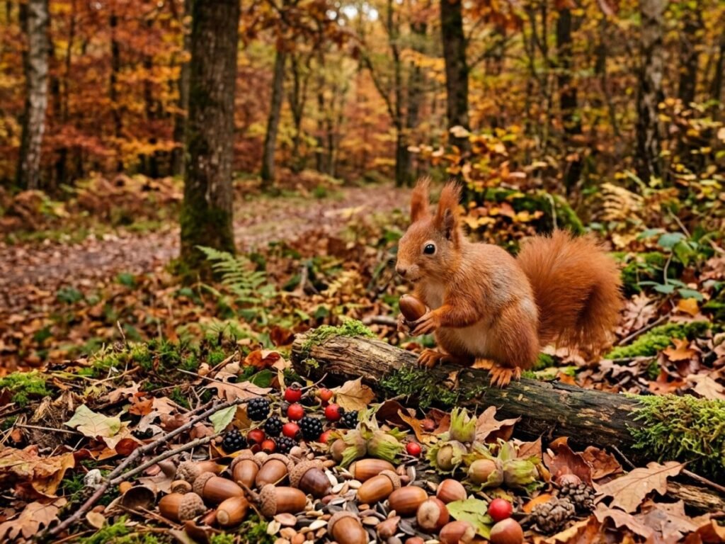 Écureuil roux tenant un gland au milieu de noisettes, châtaignes et feuilles mortes dans la forêt en automne.