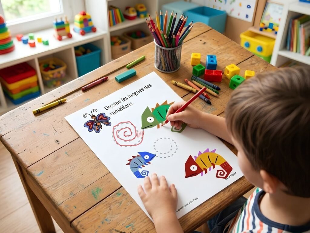 Enfant de maternelle traçant la spirale de la langue d'un caméléon avec un crayon de couleur sur une fiche imprimée Paco.