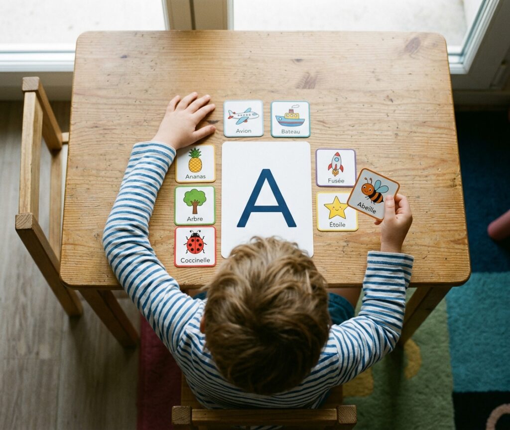 Vue de dessus d'un jeune enfant portant une chemise rayée bleue et blanche, assis à une table en bois et tenant une carte d'illustration 'Abeille' à côté d'une grande carte 'A' et de plusieurs autres cartes illustrées : 'Avion', 'Bateau', 'Ananas', 'Arbre', 'Fusée', 'Étoile', 'Coccinelle'.