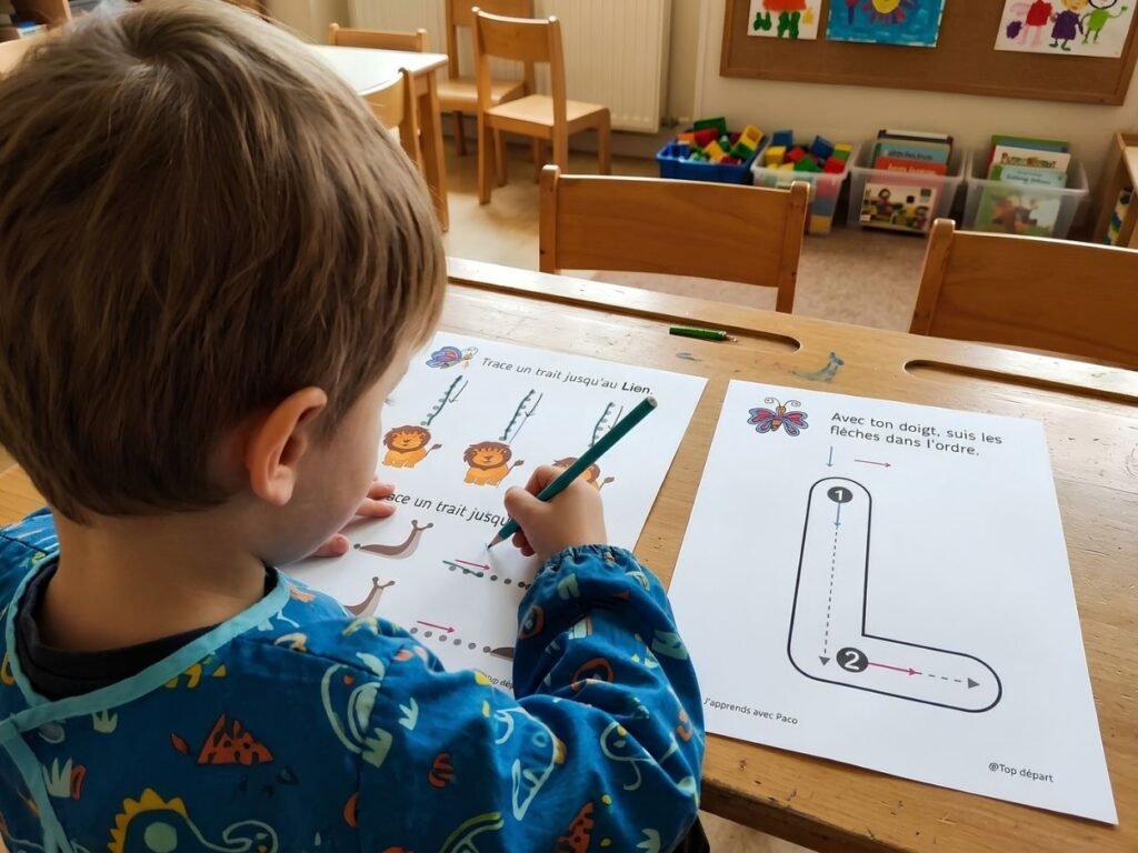 Enfant tenant un crayon vert et traçant une ligne droite vers un lion tout en suivant une fiche de guidage avec le doigt.