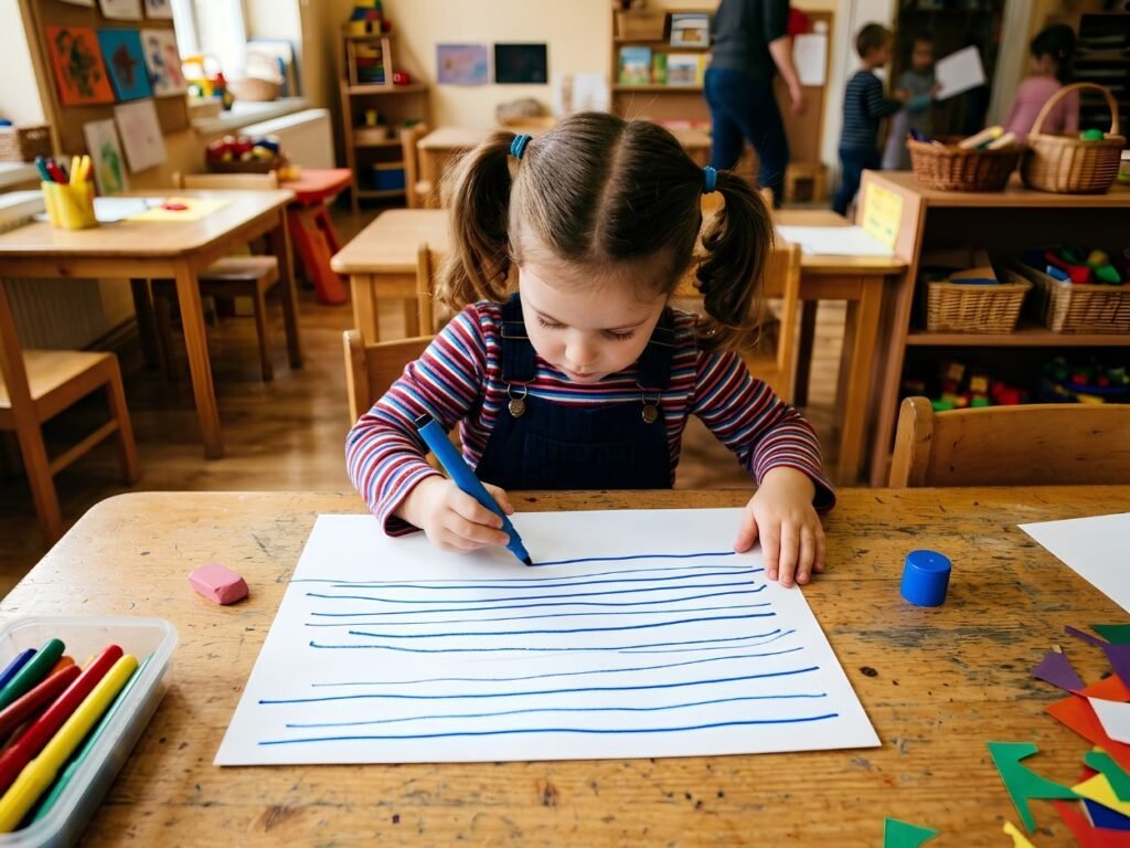 Petite fille en classe de maternelle traçant de grandes lignes horizontales au feutre bleu sur une grande feuille.