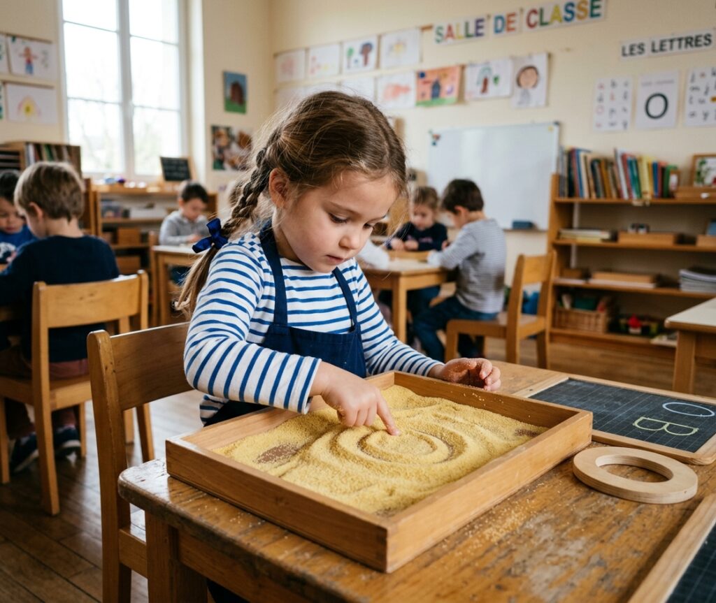 Une jeune fille aux cheveux tressés, portant un tablier bleu, trace la lettre "O" avec son doigt dans un plateau en bois rempli de semoule fine, dans une salle de classe Montessori lumineuse. D'autres enfants travaillent en arrière-plan.