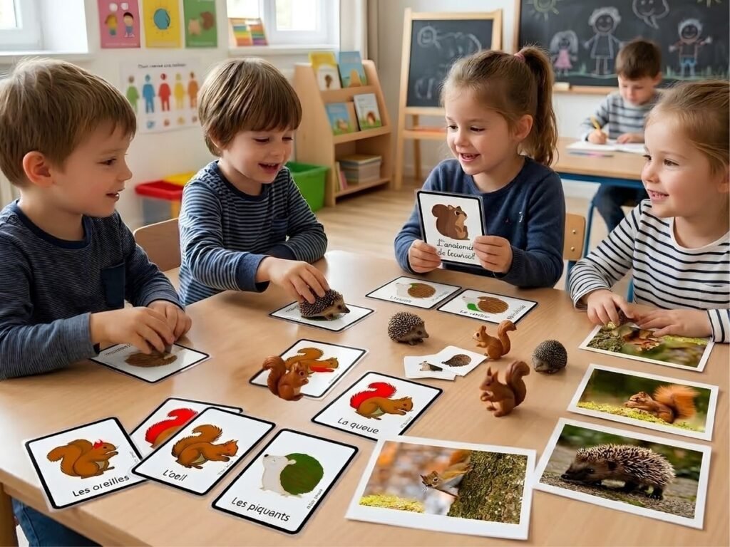 Quatre enfants de maternelle manipulant des cartes de nomenclature et des figurines d'écureuil et de hérisson sur une table.