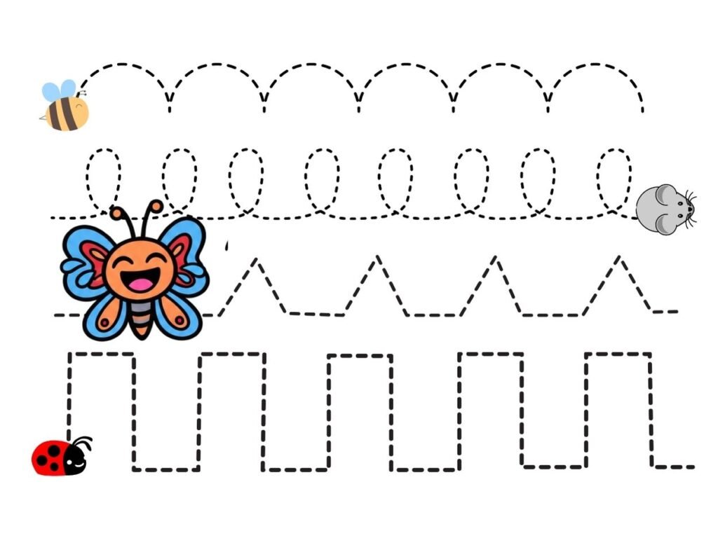 Exercices de graphisme en maternelle montrant des ponts, boucles, vagues et créneaux pointillés guidés par Paco le papillon.