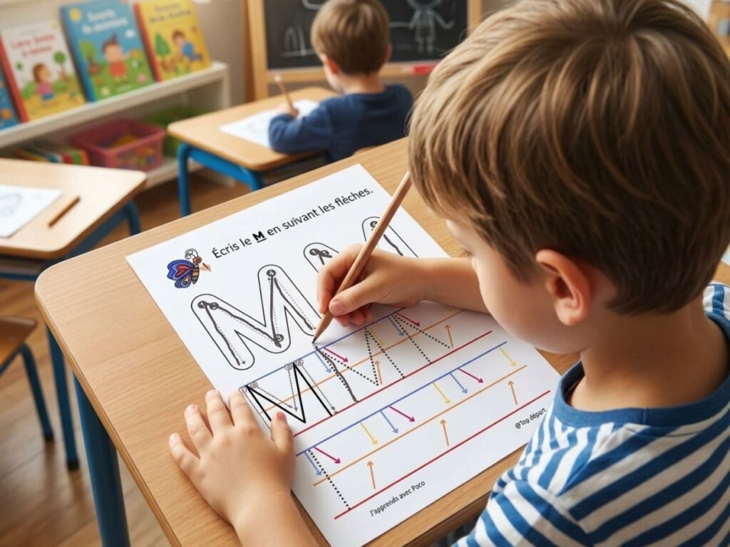 Enfant écrivant la lettre M au crayon sur une fiche d'exercice de graphisme en suivant les flèches.