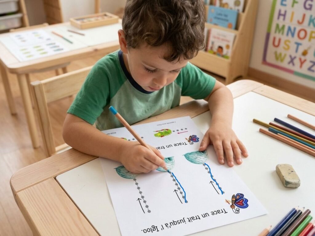 Petit garçon traçant des lignes verticales vers un igloo sur une fiche de graphisme de maternelle.
