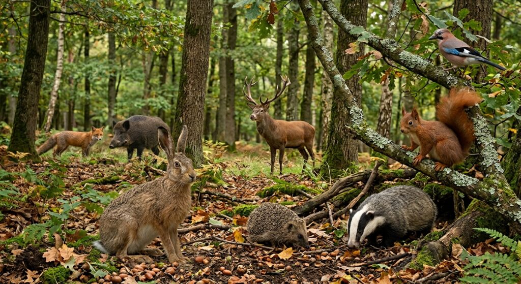 Composition réaliste réunissant lièvre, hérisson, blaireau, écureuil, geai, cerf, renard et sanglier au cœur du sous-bois.