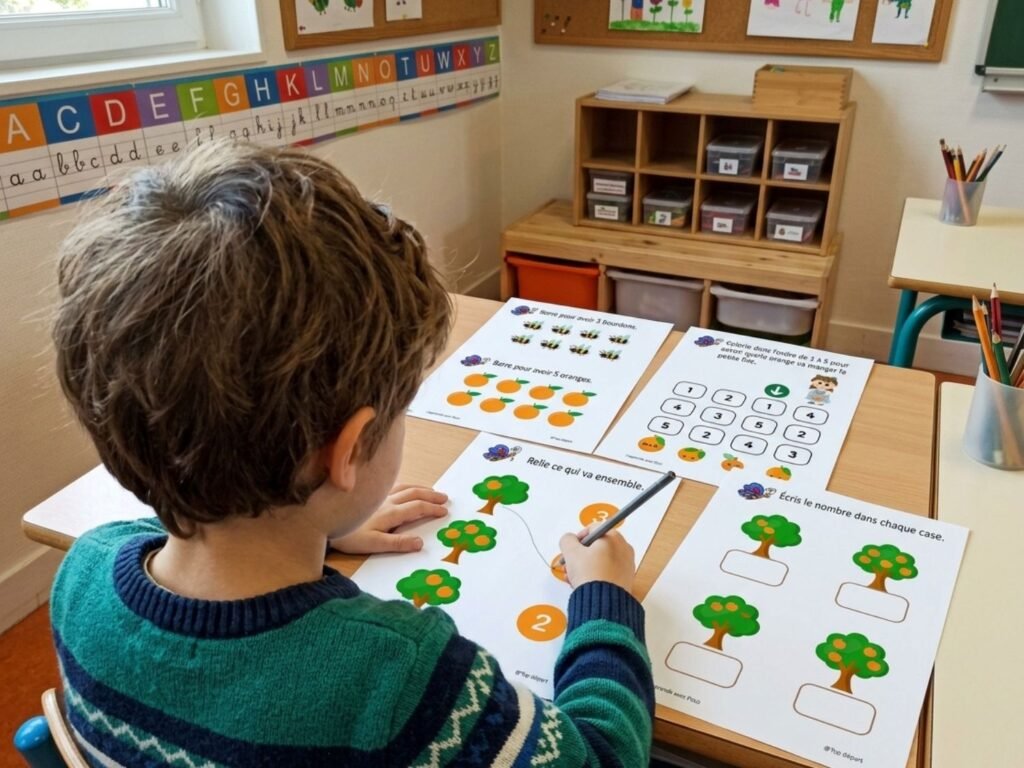 Élève de maternelle complétant des fiches d'activités de dénombrement et d'association de quantités avec un crayon.