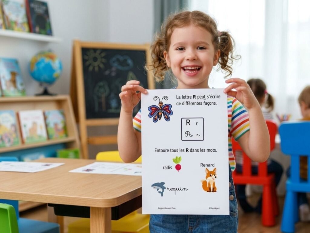 Petite fille souriante montrant une fiche d'apprentissage de la lettre R avec dessins de papillon, radis, renard et requin.