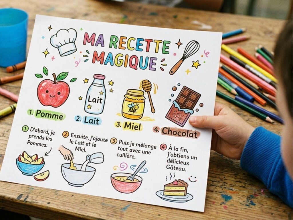 Main d'enfant tenant une fiche de recette illustrée avec des étapes numérotées comprenant des pommes, du lait, du miel et du chocolat.