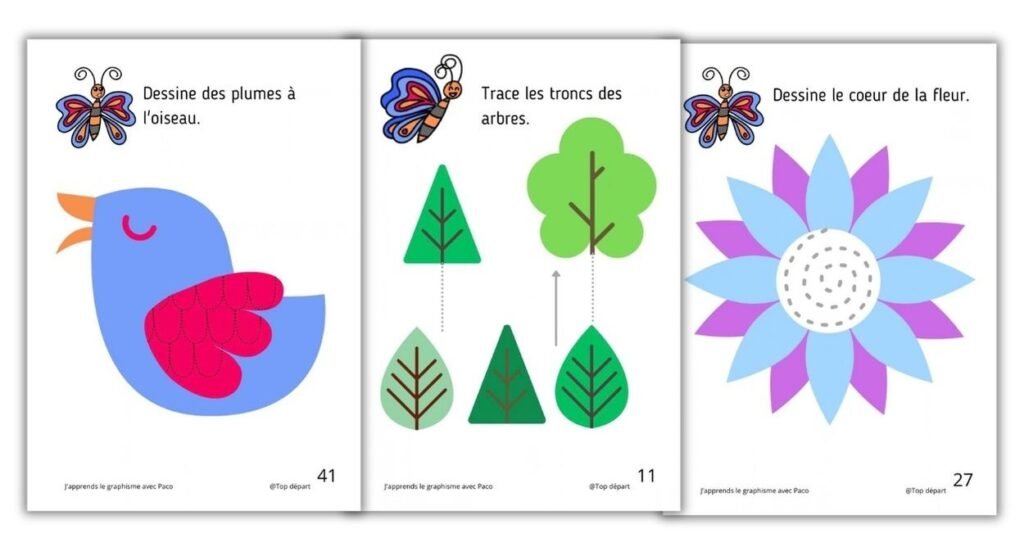Trois fiches pédagogiques du fichier Graphisme Maternelle avec Paco montrant des exercices pour compléter un oiseau, des troncs d'arbres et une fleur.